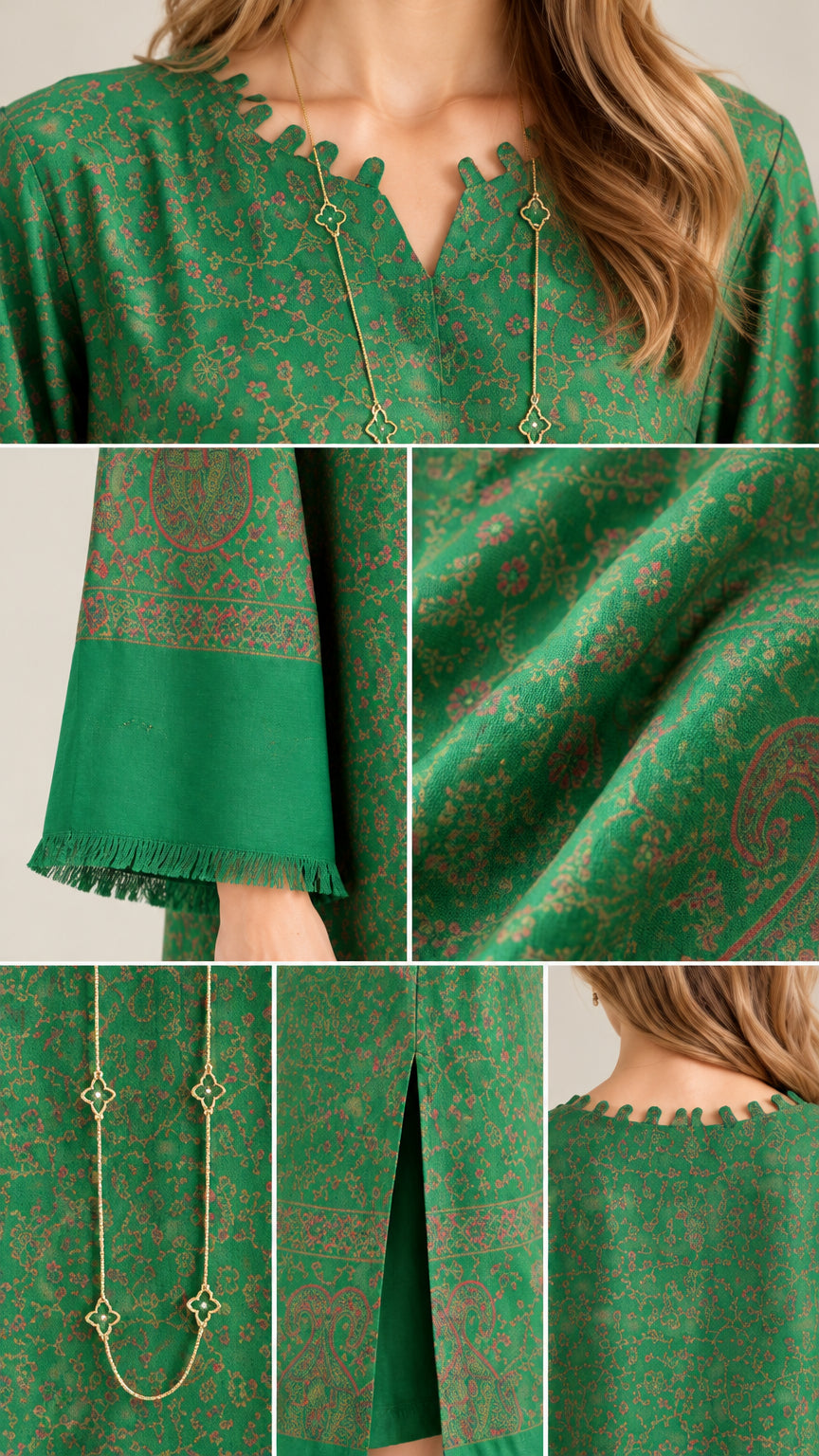 Close-up details of scalloped notched neckline, fringe trim cuffs, and jacquard print texture