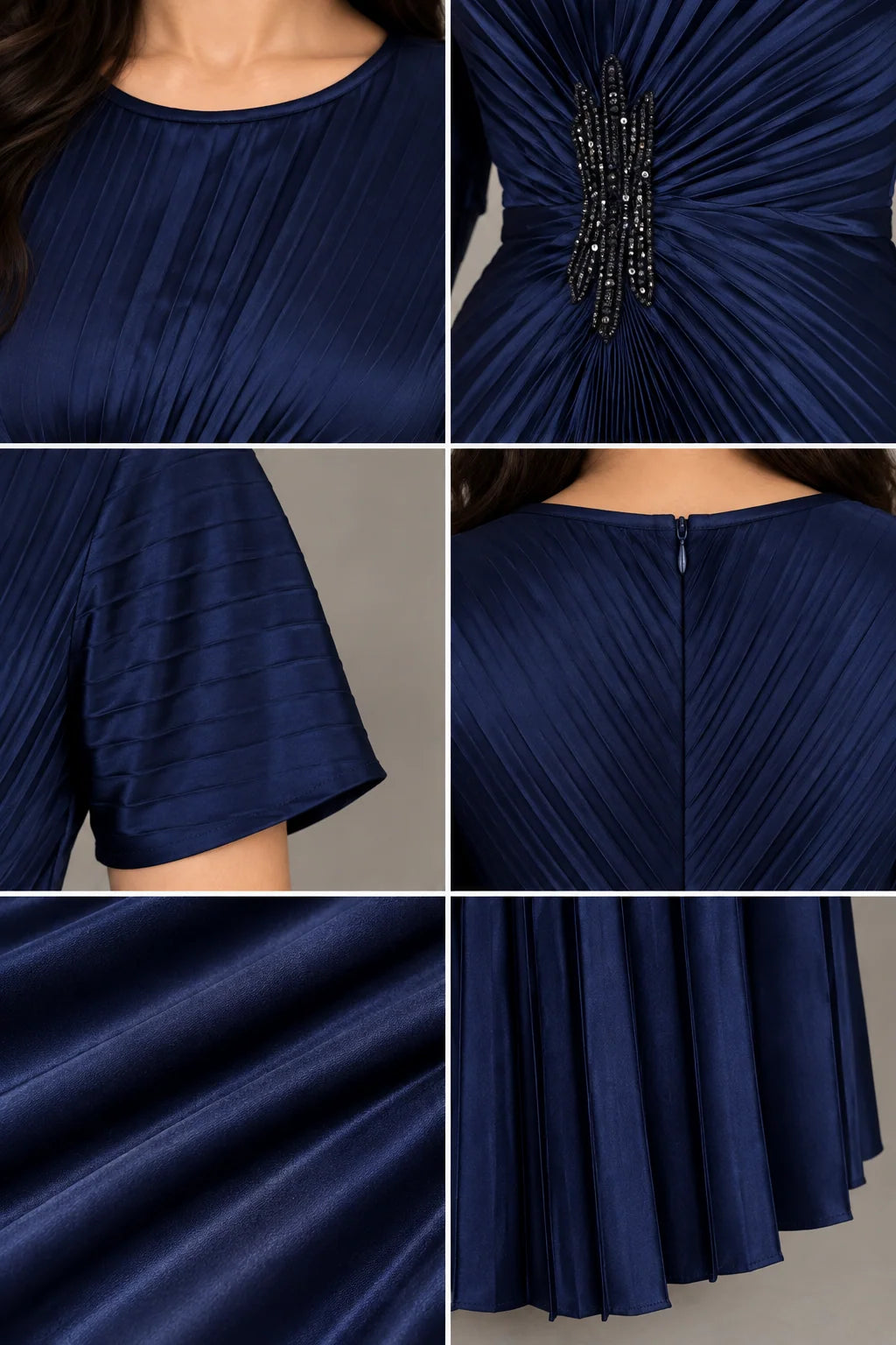 Close-up details of neckline, beaded waist embellishment, short sleeve, and pleated fabric