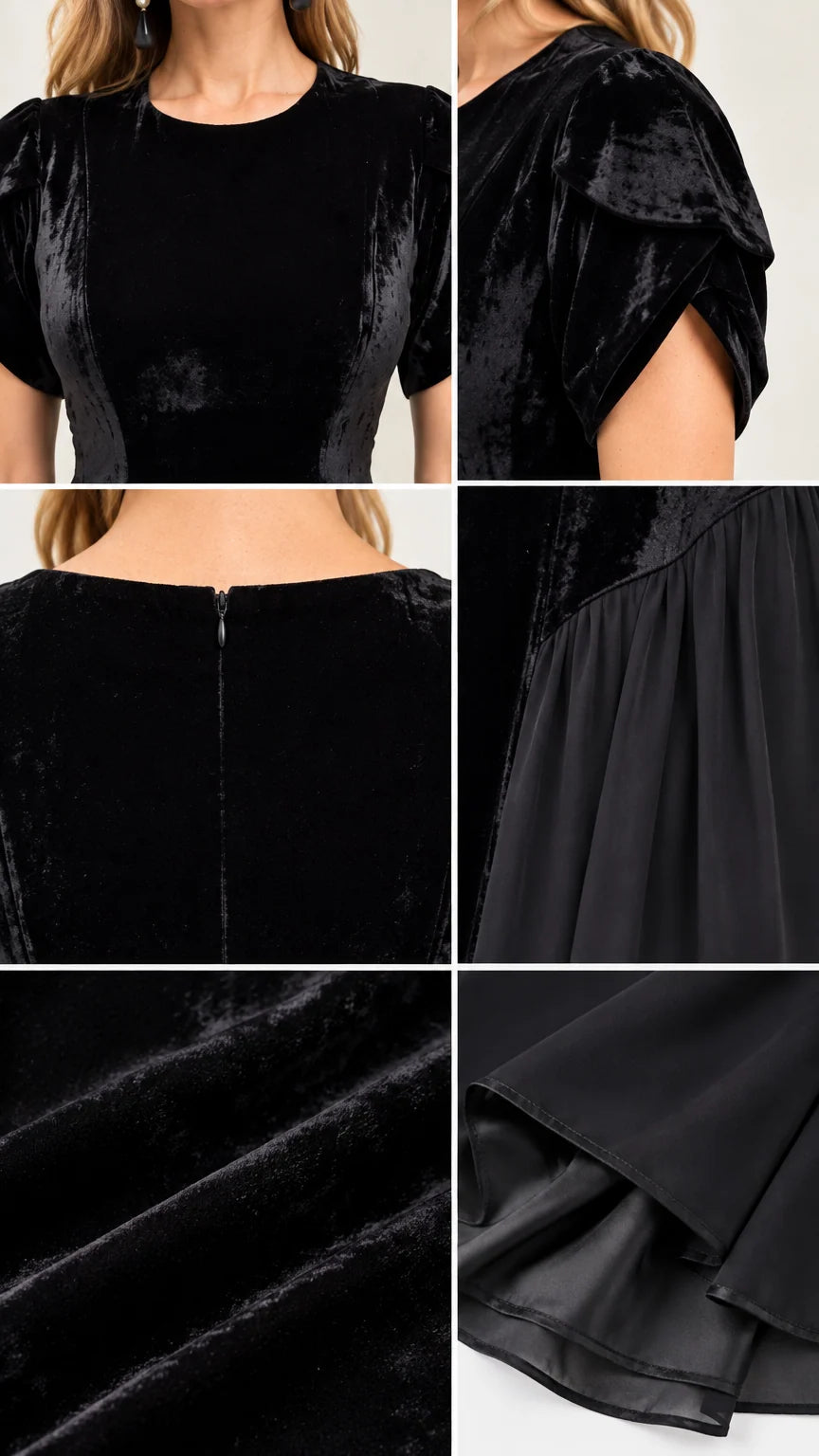 Close-up details of neckline, tulip sleeves, back zipper, and velvet fabric