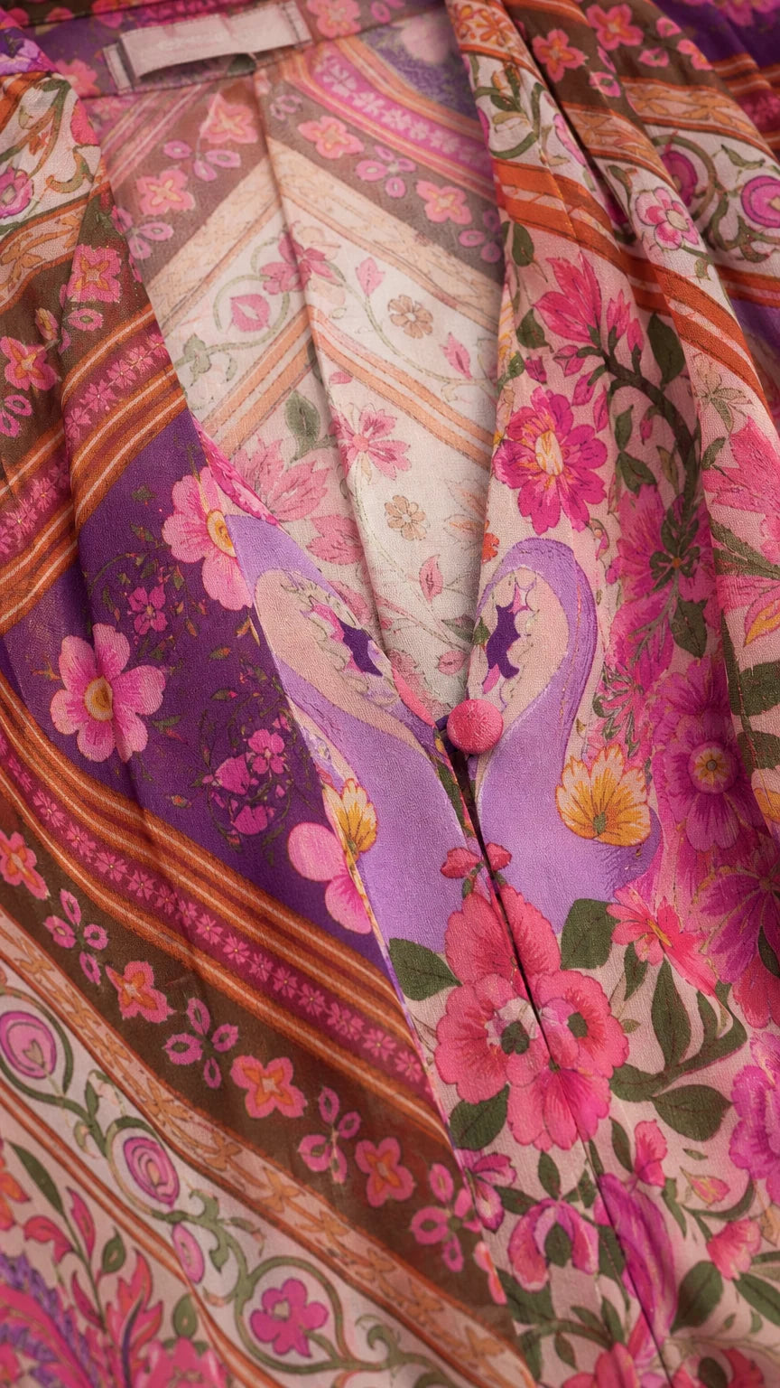 Close-up detail of button front and floral print on maxi dress