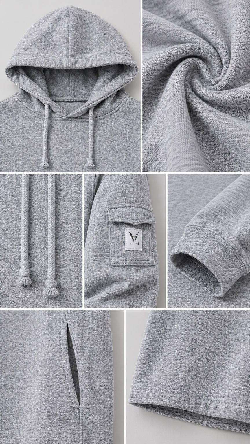 Close-up details of hood drawstring, soft knit fabric, sleeve pocket, and side pocket
