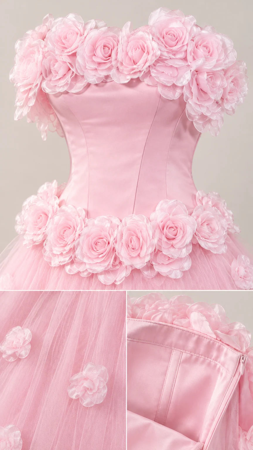 Close-up detail of 3D rosette neckline, waist flowers, and interior lining