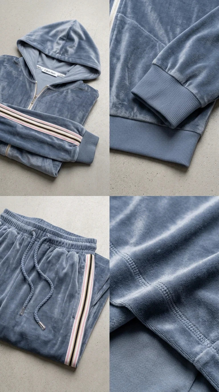 Close-up details of dusty blue velour fabric, ribbed cuffs, drawstring waistband, and hood
