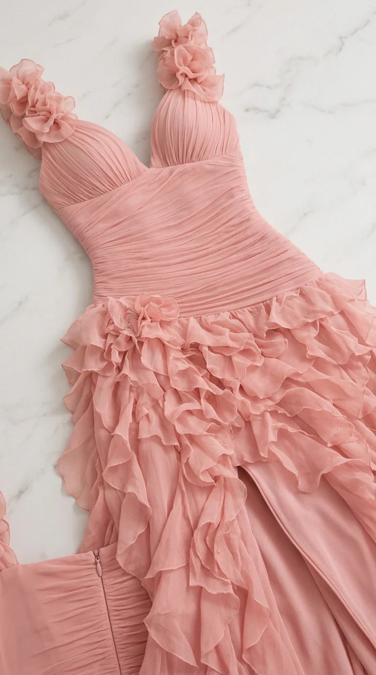 Close-up flat lay of dusty pink gown showing ruched bodice and 3D floral straps