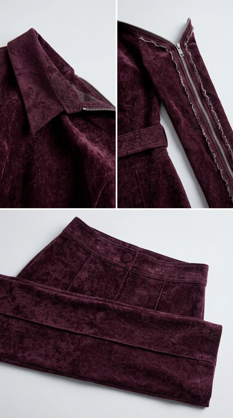 Close-up details of collar, zipper sleeve accents, and textured fabric construction