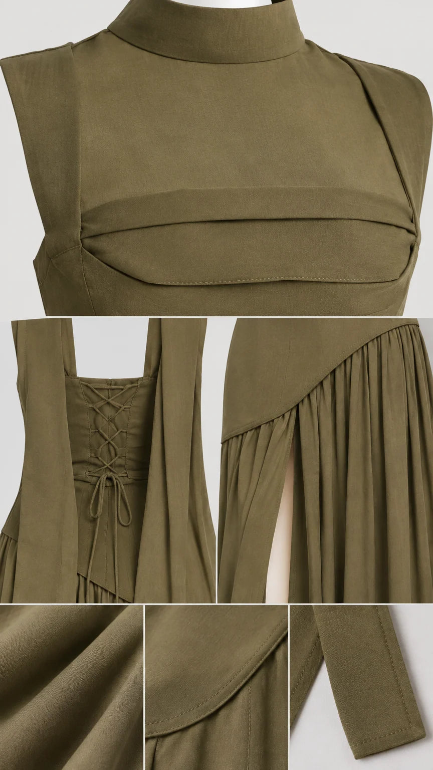 Close-up details of collar neckline, lace-up back, pleated seam, and fabric texture
