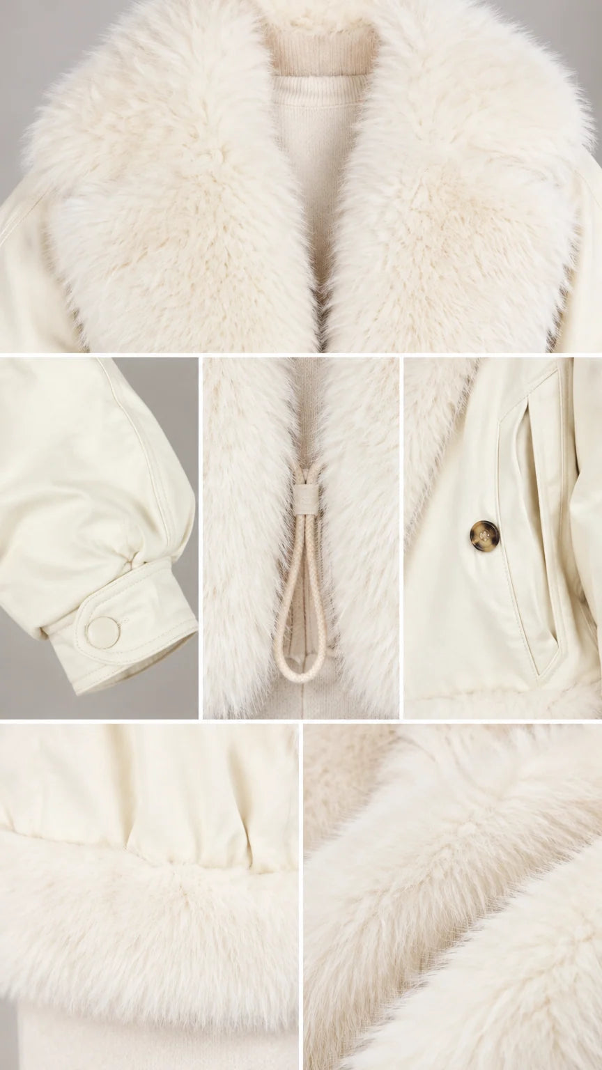 Detailed close-ups of the plush faux-fur collar, zipper pull, cuff button detail, and fur hem