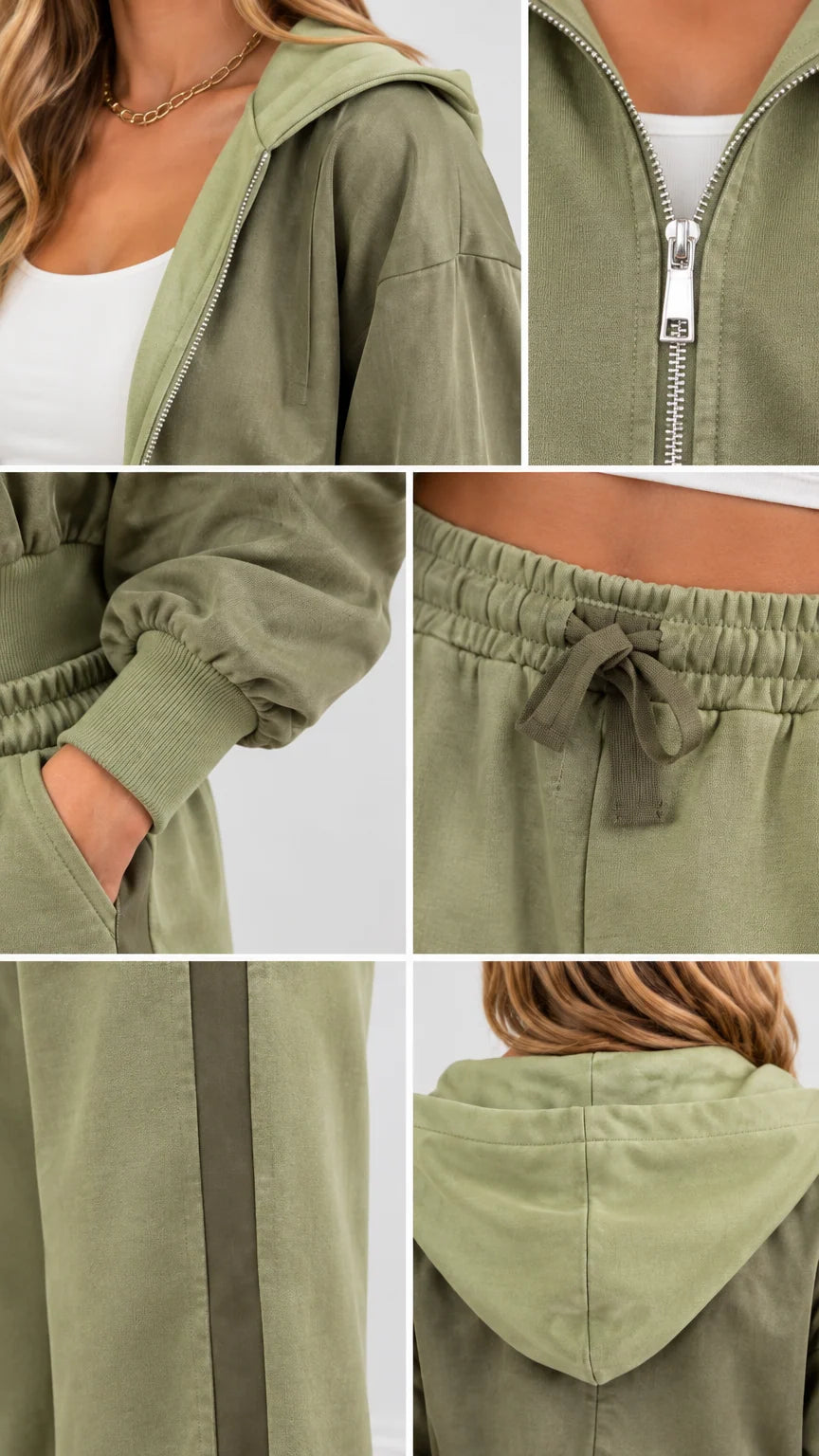 Close-up details of olive green tracksuit including zipper, cuff, drawstring waist, and side stripe