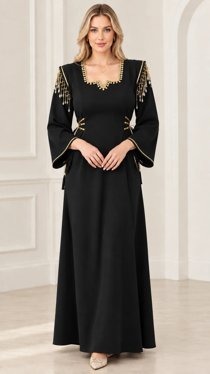 Front view of black beaded fringe shoulder maxi dress