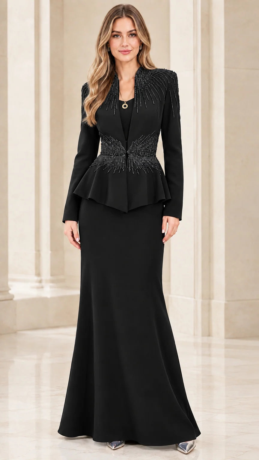 Black long sleeve beaded peplum formal evening gown