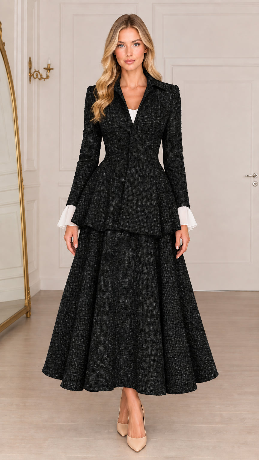 Black tweed peplum long sleeve maxi dress front view