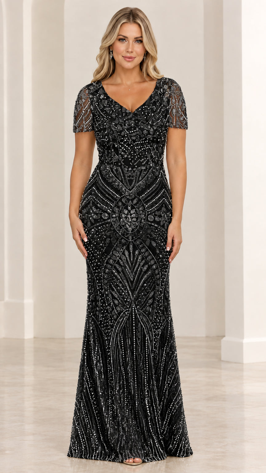 Front view of black beaded Art Deco formal evening gown