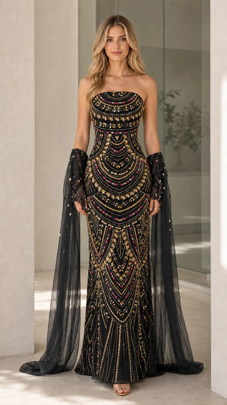 Black color variant of beaded strapless evening gown