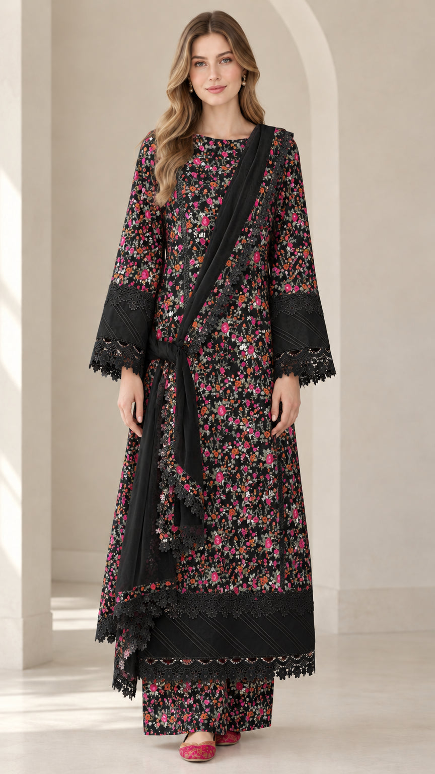Front view of woman wearing Black floral print 3-piece tunic and pant set