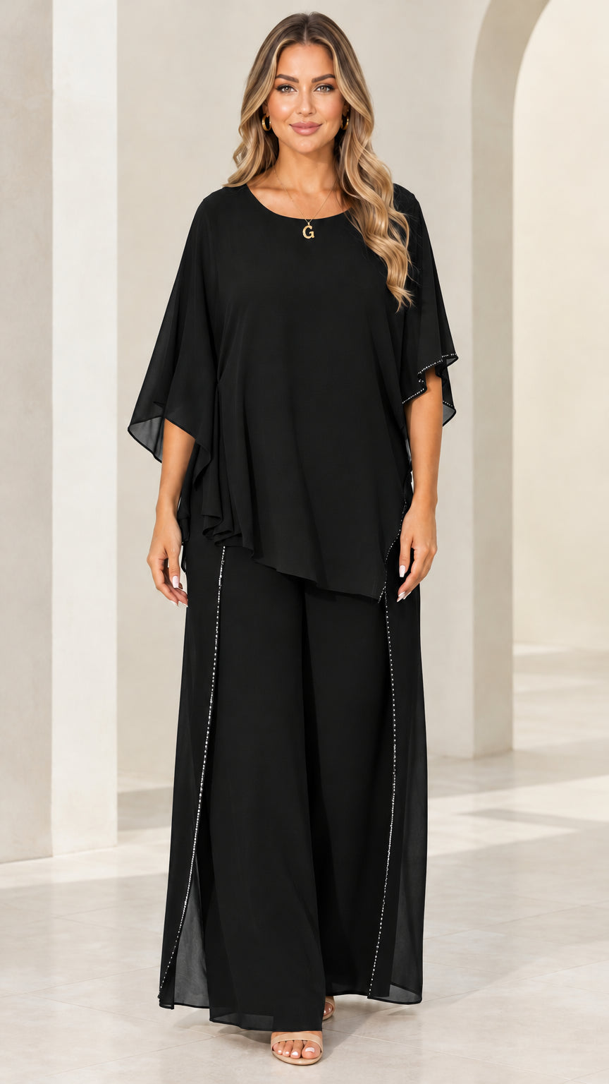 Front view of model wearing Black formal layered chiffon 2-piece pant set