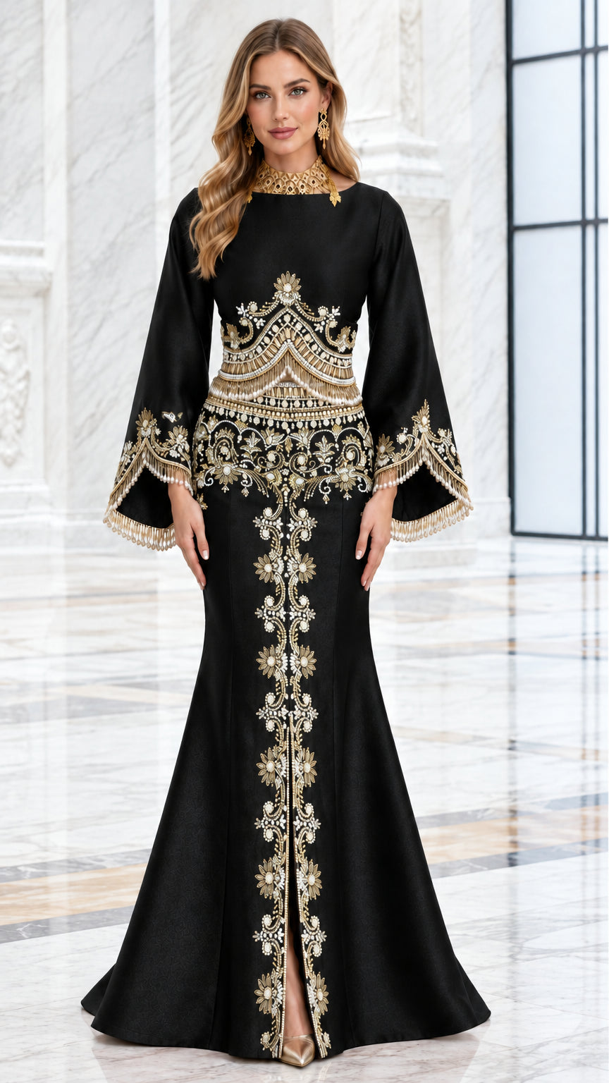Black embellished mermaid evening gown with bell sleeves shown from the front