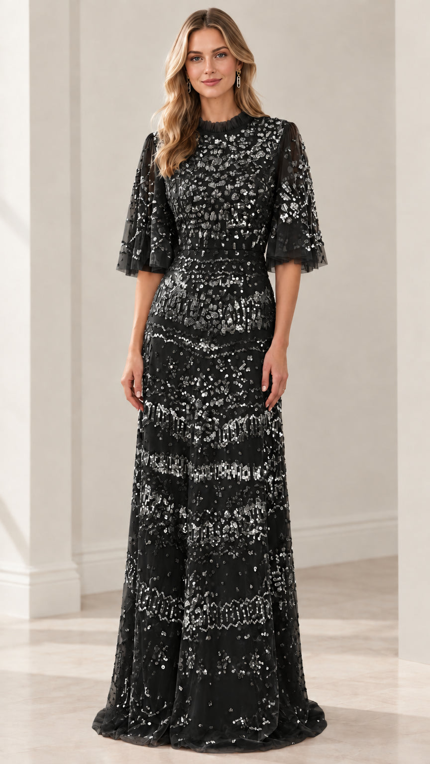 Front view of sequin flutter sleeve formal evening dress in classic black