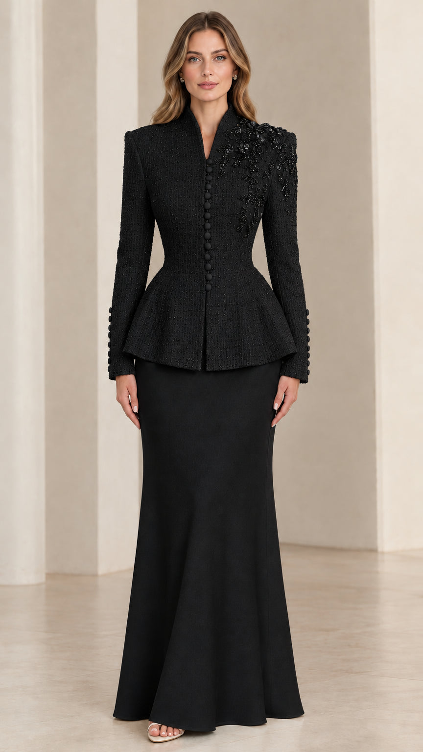 Black embellished tweed peplum jacket and matching maxi skirt set