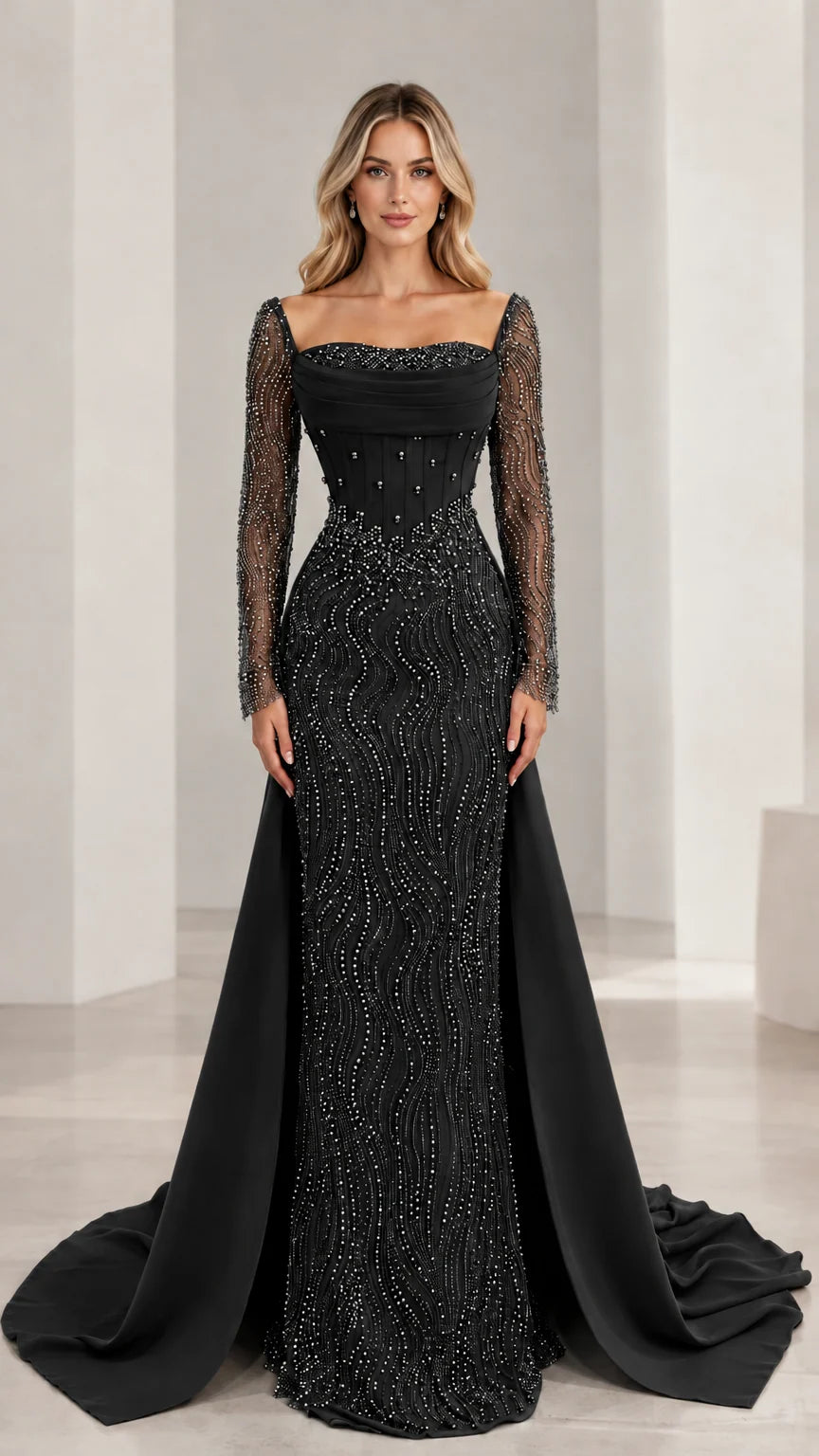 Black long sleeve beaded formal evening gown with dramatic train