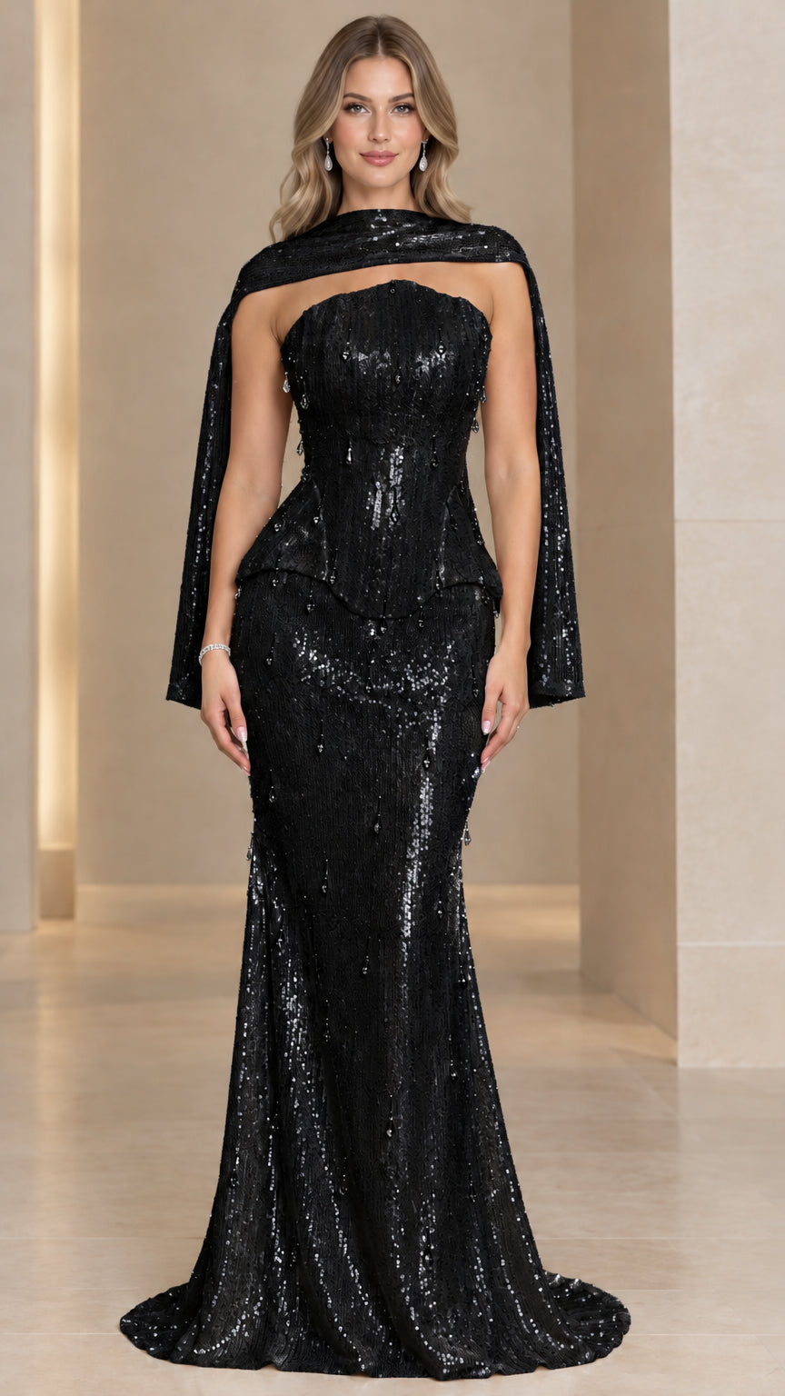 Black sequined strapless mermaid formal gown with matching neck cape