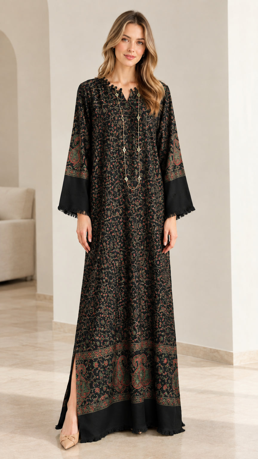 Full-length view of floral print kaftan maxi dress in classic black
