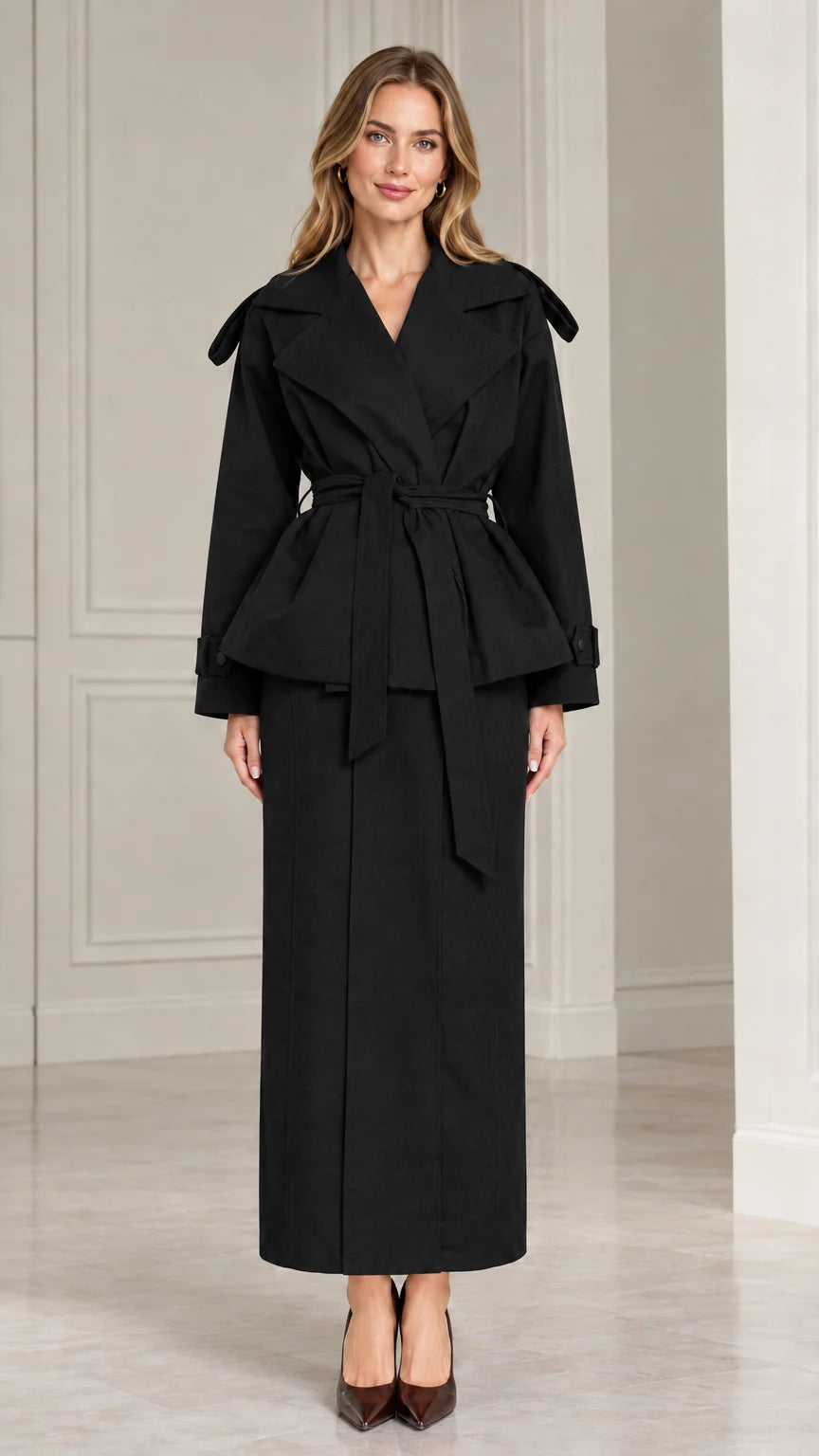 Front view of model wearing black belted peplum jacket and maxi skirt set