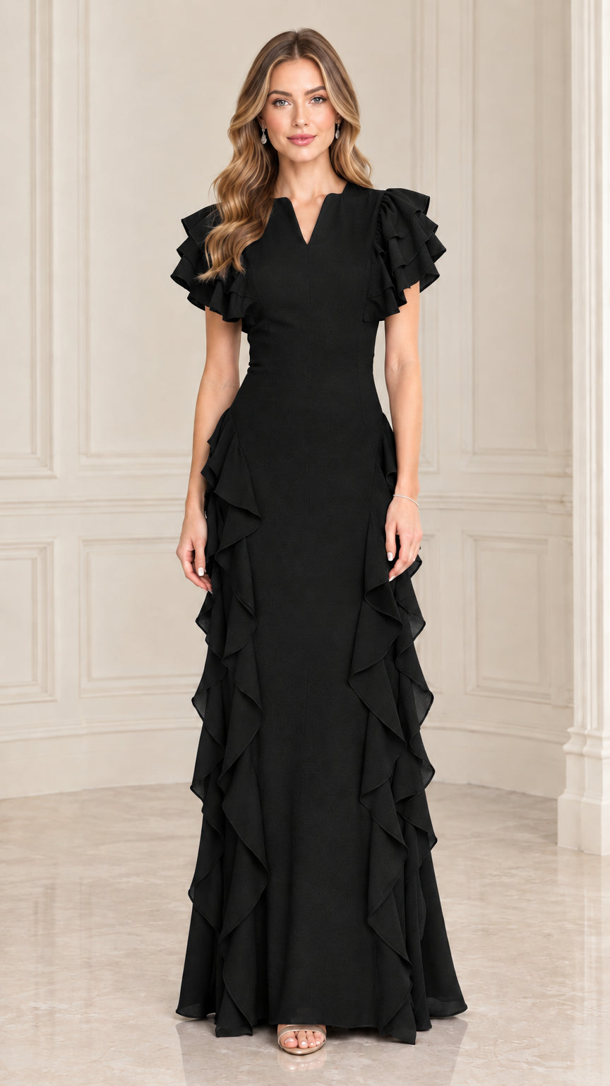 Front view of black tiered flutter sleeve cascading ruffle formal evening gown