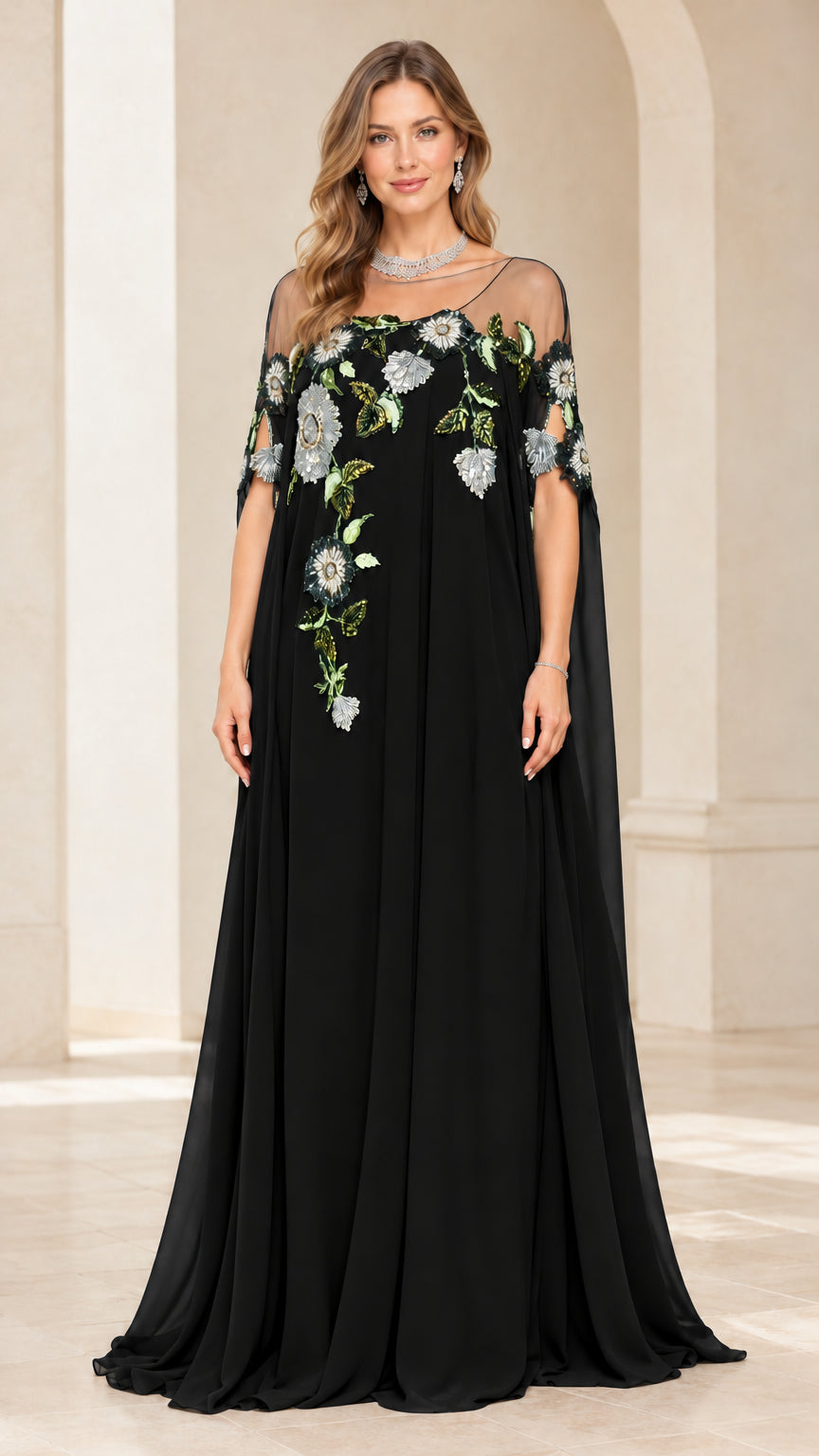 Black floral embroidered cape sleeve formal evening dress