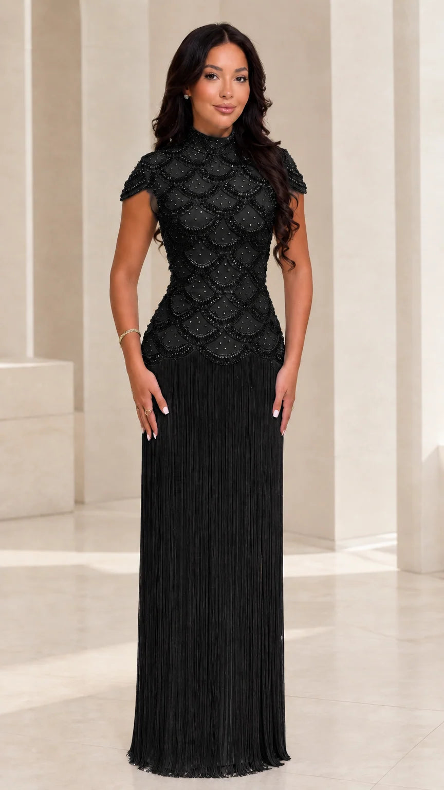 Classic Black high neck beaded bodice fringe maxi dress