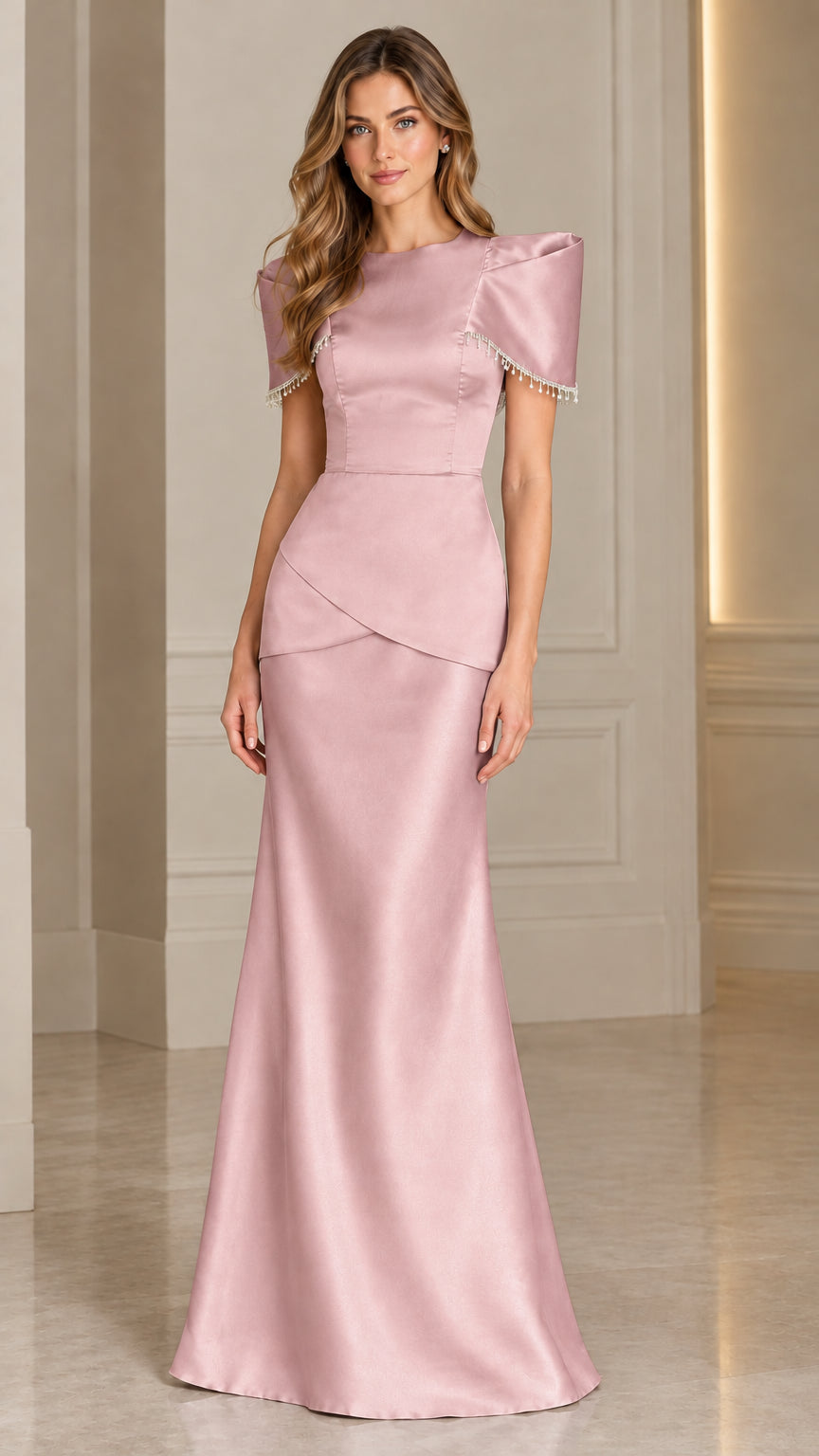 Blush pink satin evening gown with structured short sleeves and beaded fringe