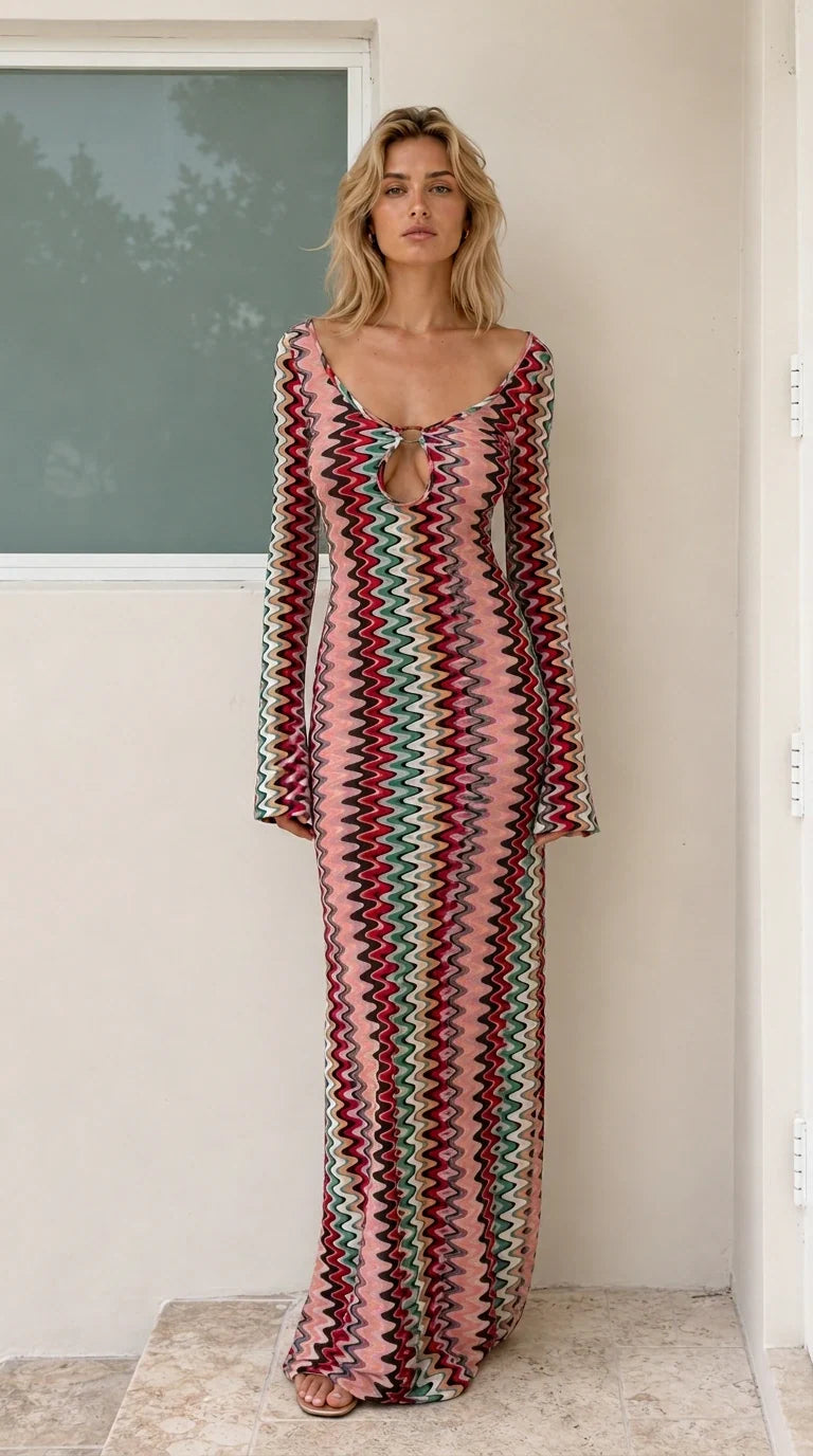 Model wearing Pink variant of chevron knit maxi dress