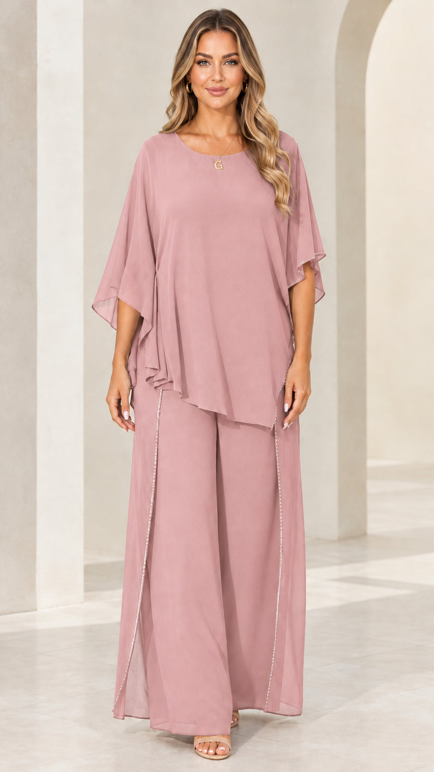 Front view of model wearing Dusty Rose pink chiffon evening pant set