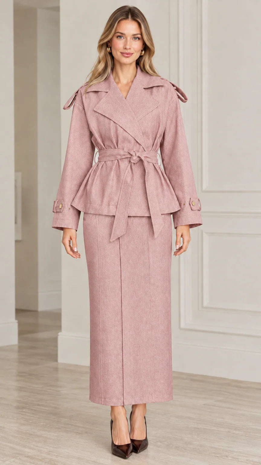 Front view of model wearing Blush Pink belted trench jacket and maxi skirt set