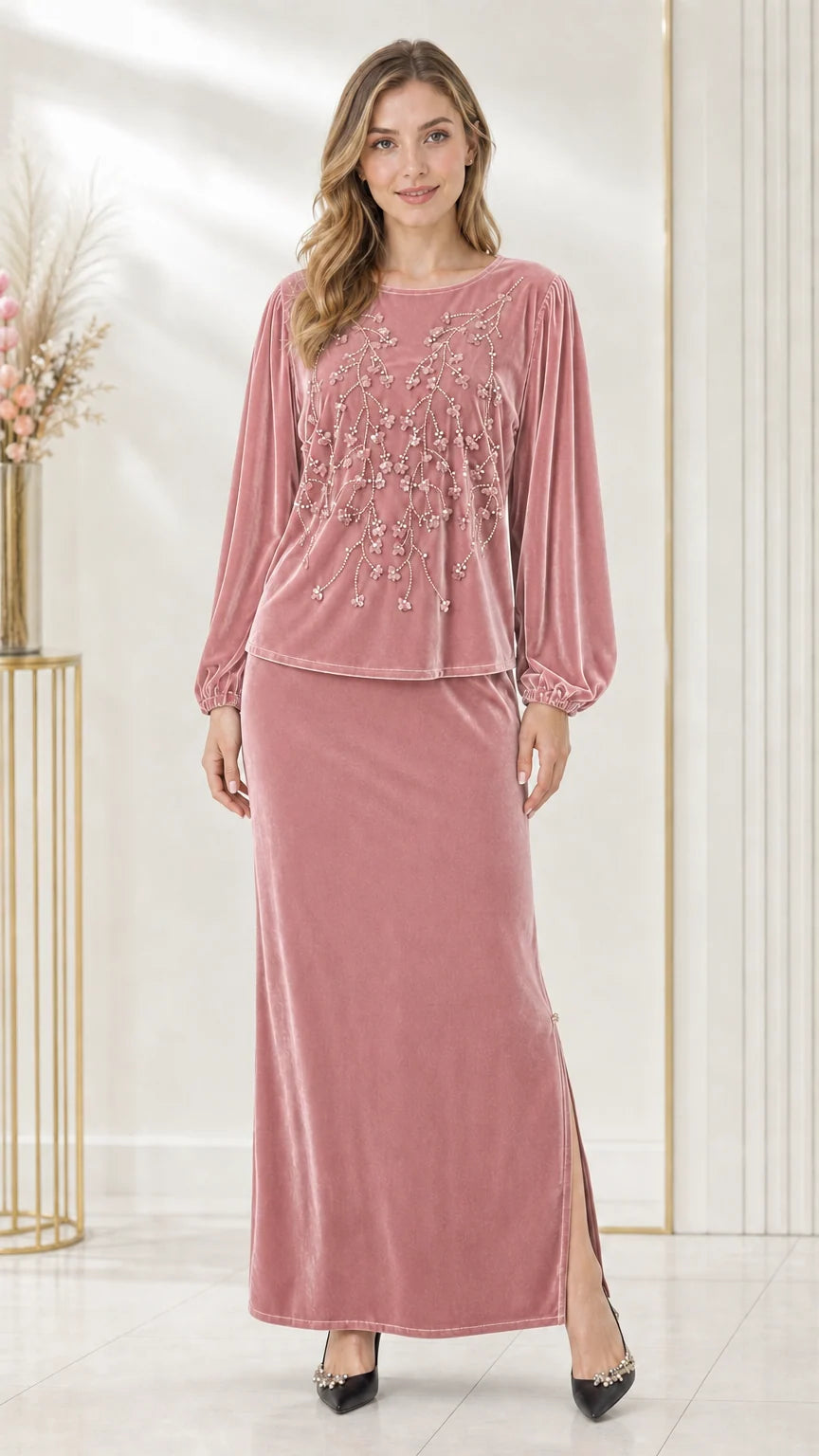 Full-length front view of dusty pink beaded velvet two-piece maxi skirt set