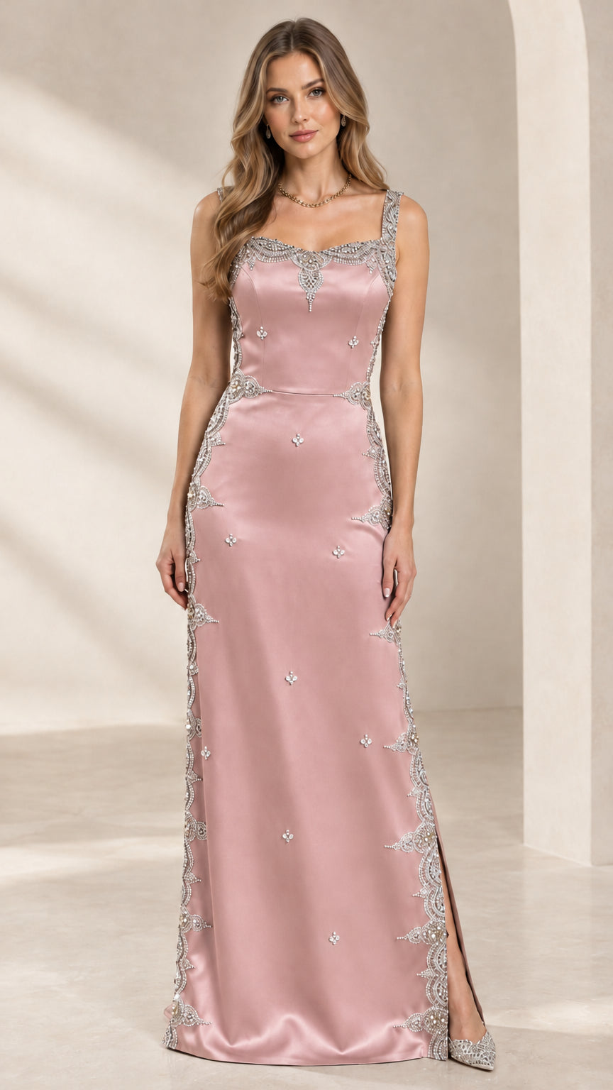 Full length blush pink square neck embellished satin evening gown