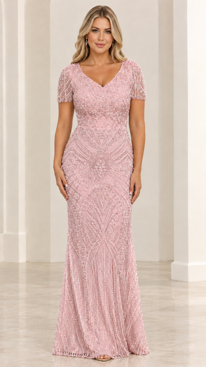 Front view of blush pink sequined and beaded formal maxi dress