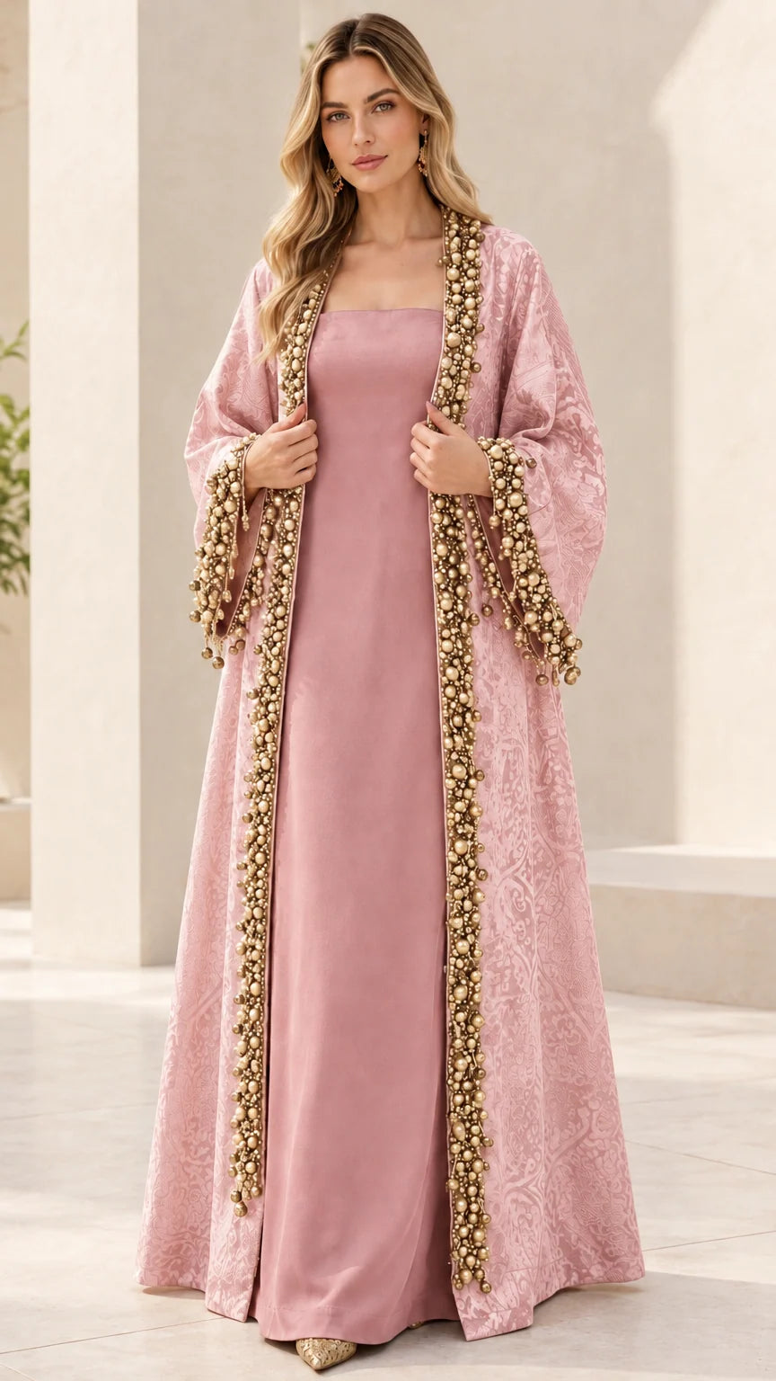 Model showcasing Dusty Pink embossed jacquard two-piece abaya set with gold bead trims