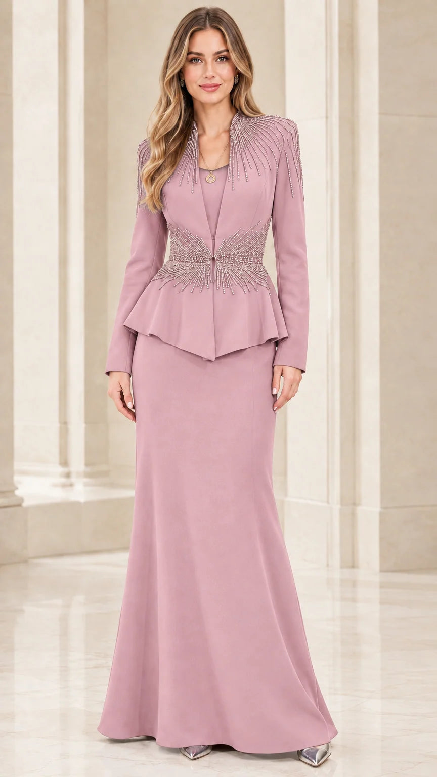 Dusty rose beaded peplum evening dress for mother of the bride
