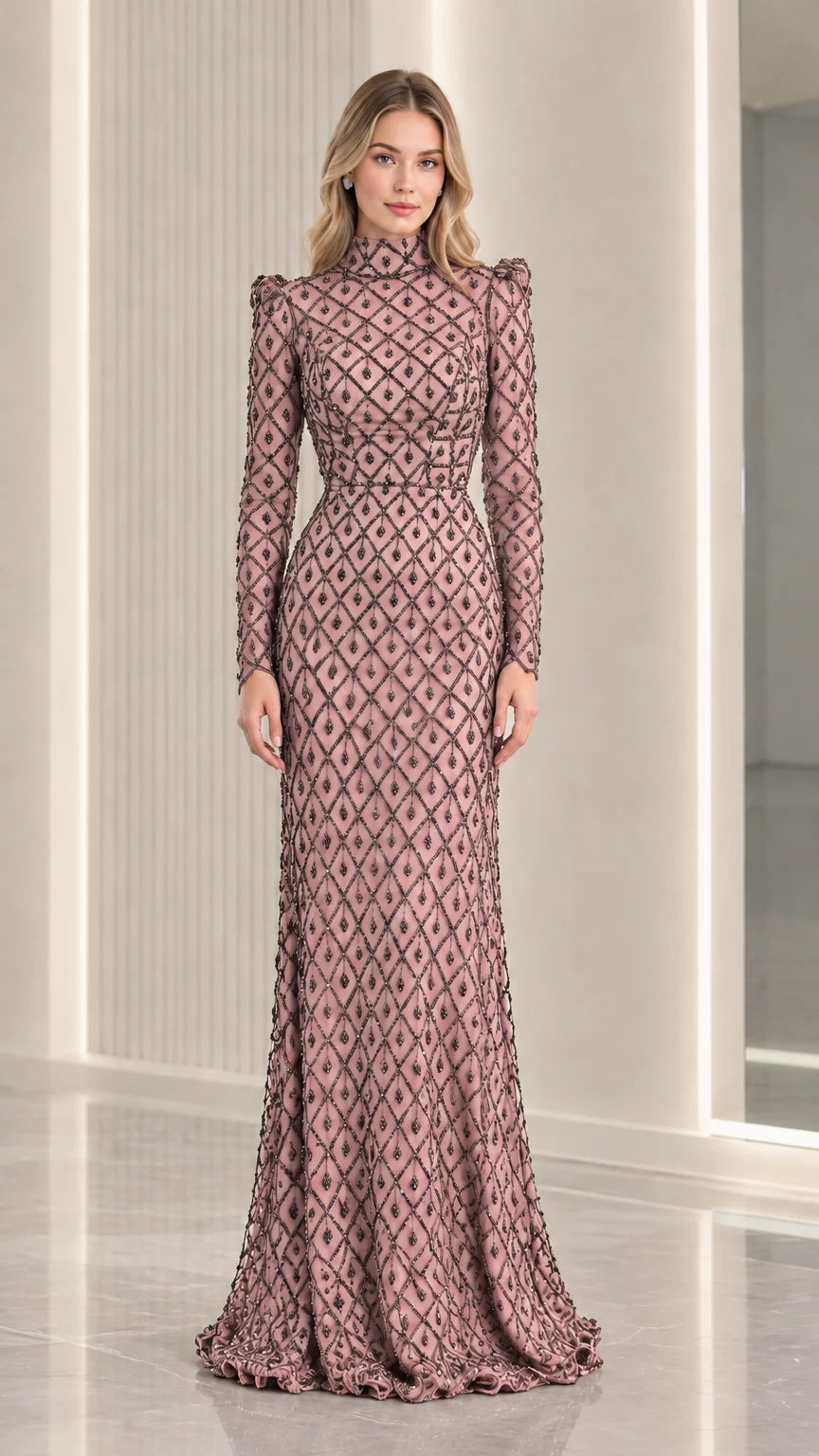Dusty rose beaded mock neck long sleeve evening gown front view