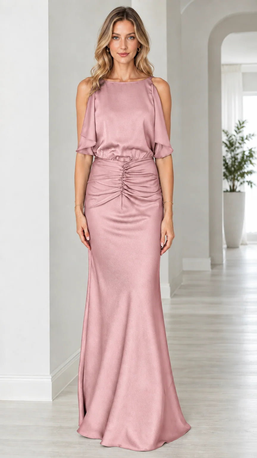 Front view of model wearing blush pink satin open back evening dress