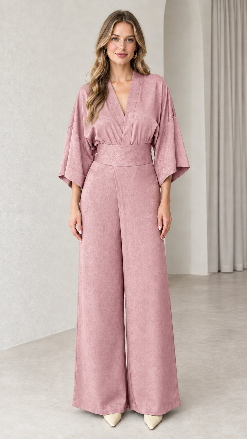 Front view of model wearing Dusty Pink kimono sleeve wide leg jumpsuit