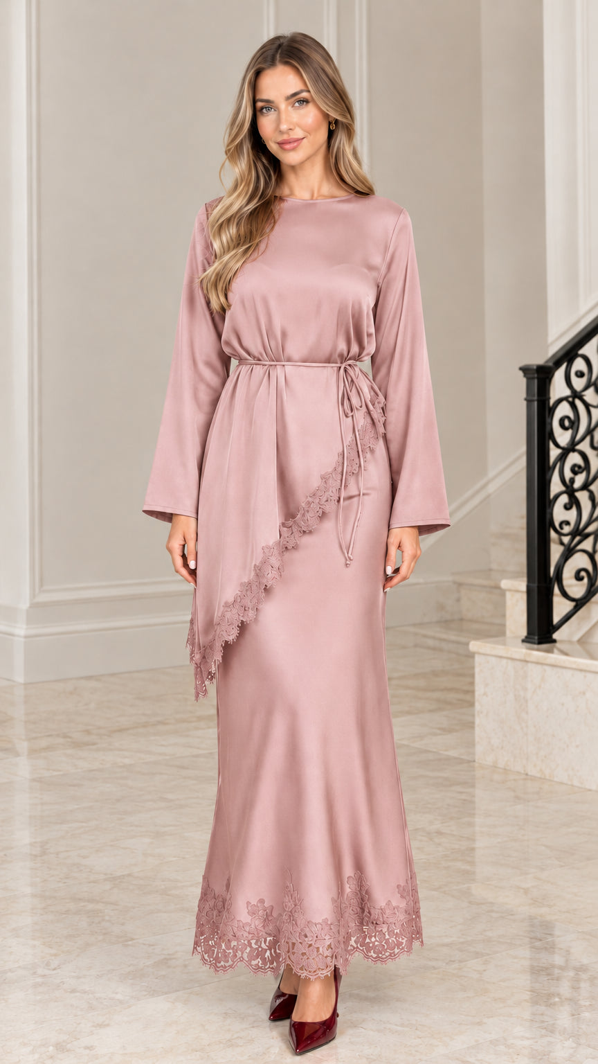 Dusty rose satin maxi dress with lace trim and waist tie