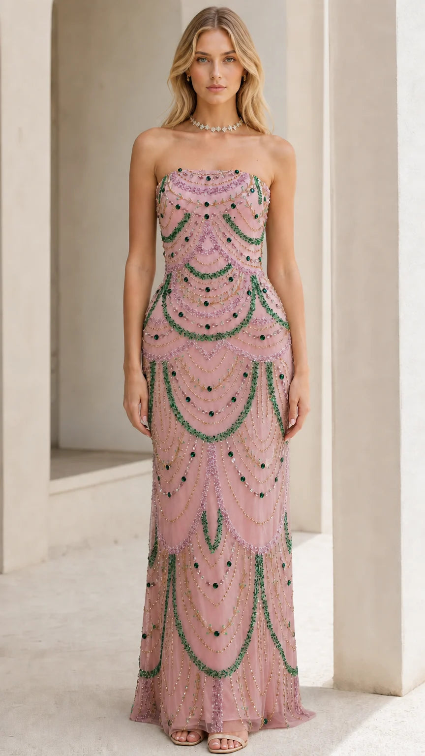 Front view of model wearing the pink beaded evening gown variant