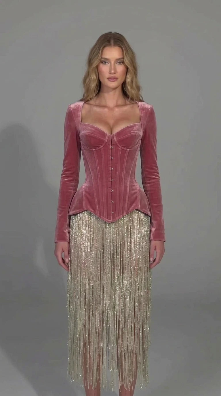 Dusty rose pink velvet corset long sleeve dress with champagne fringe skirt
