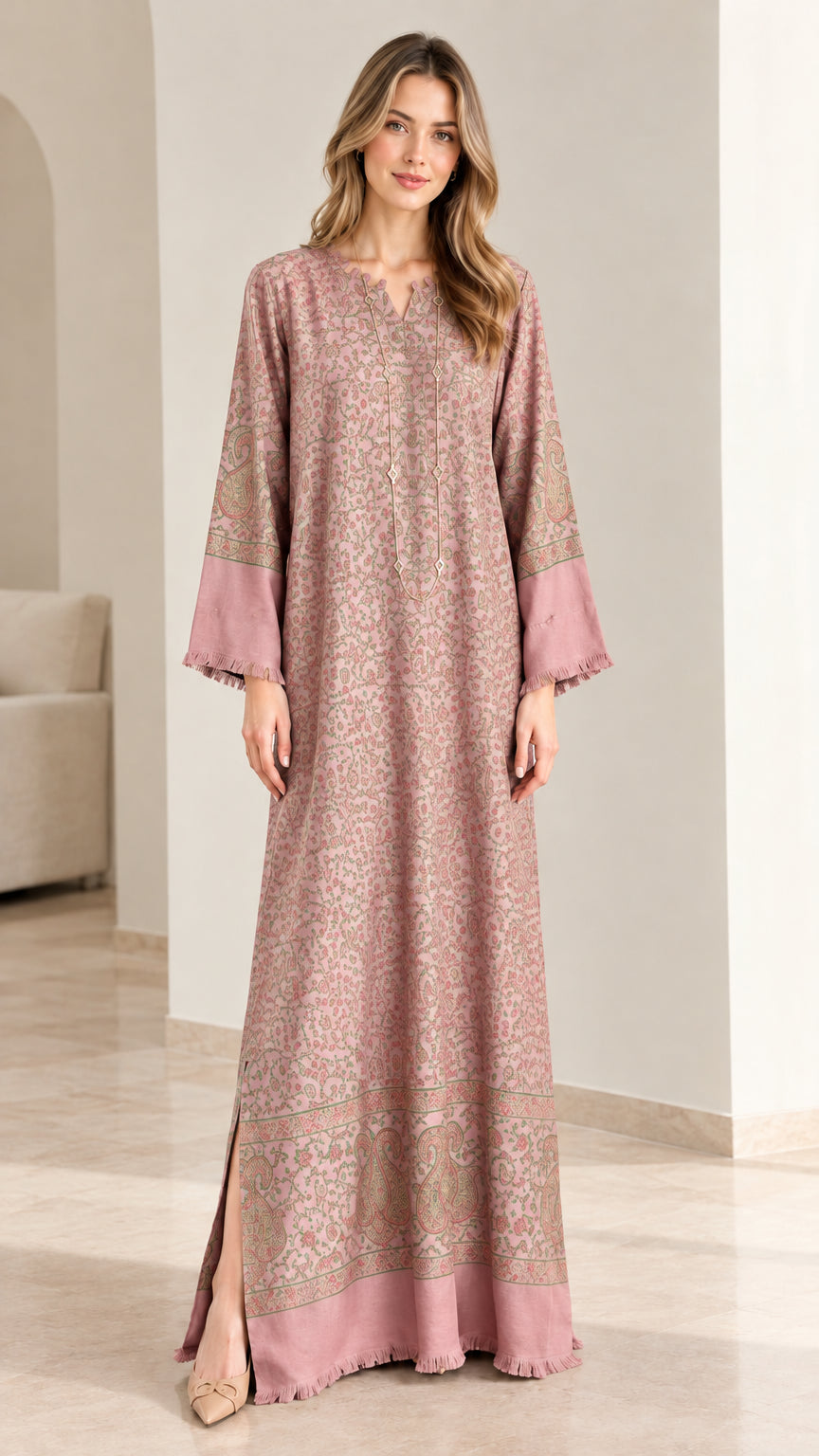 Full-length view of floral print kaftan maxi dress in dusty rose pink