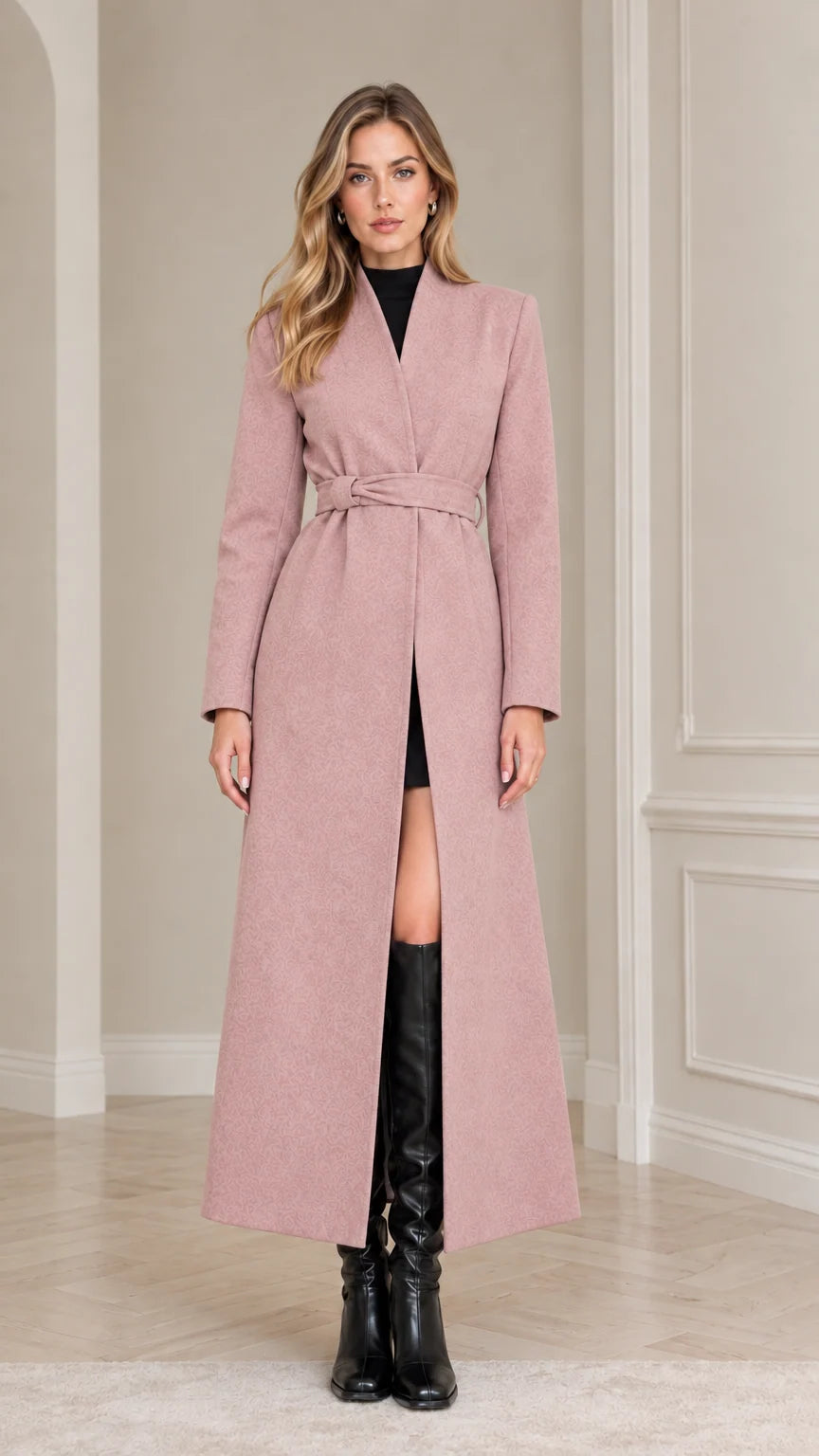 Front view of model wearing the Dusty Pink belted maxi overcoat