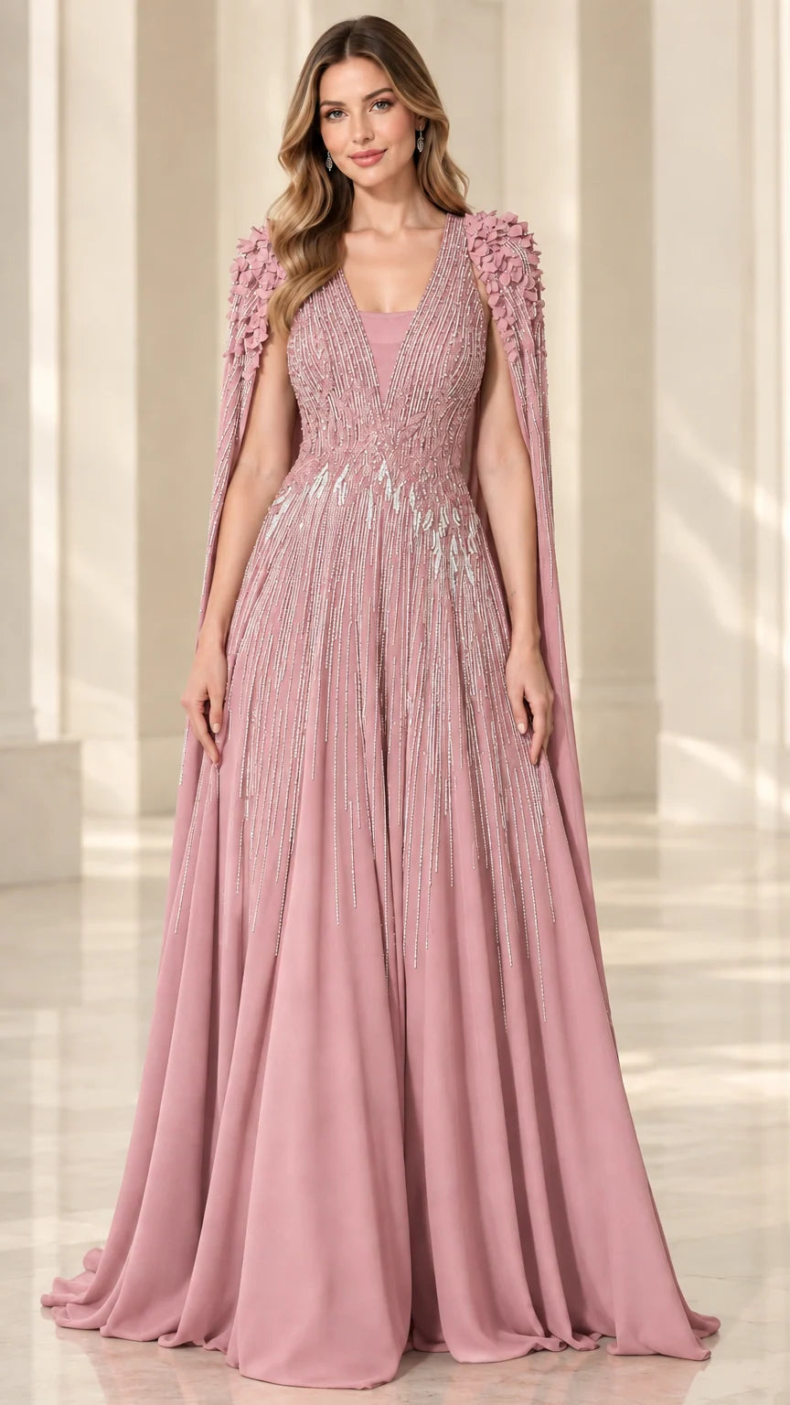 Dusty rose beaded cape sleeve floor-length formal dress