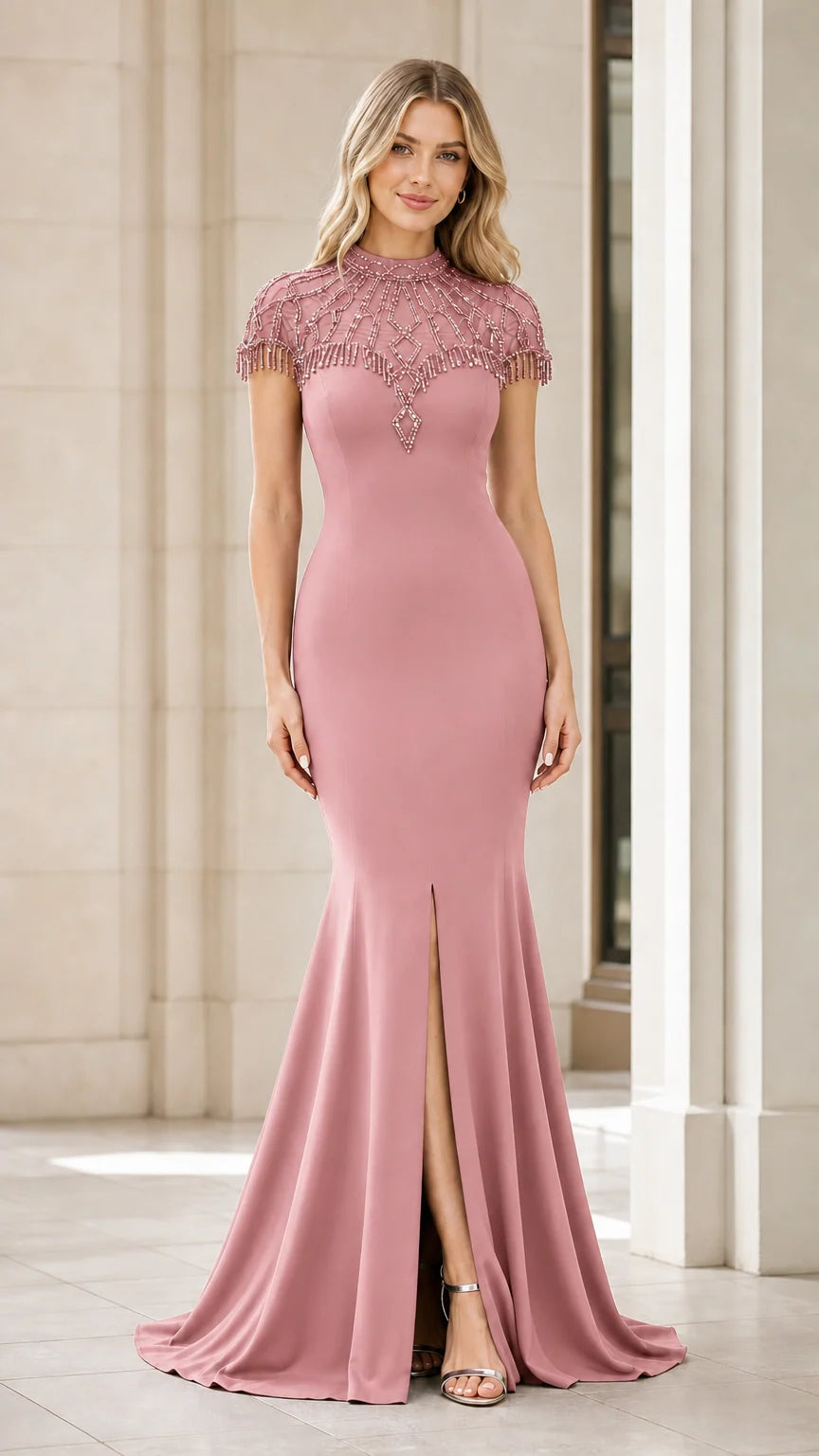 Dusty Pink Beaded Cap Sleeve Mermaid Formal Maxi Gown