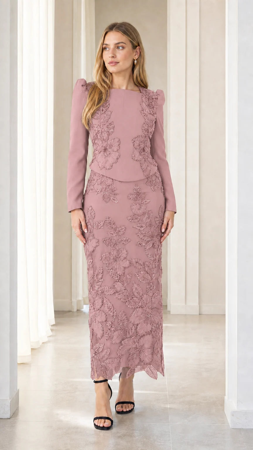 Front view of dusty rose long sleeve beaded floral lace formal maxi dress