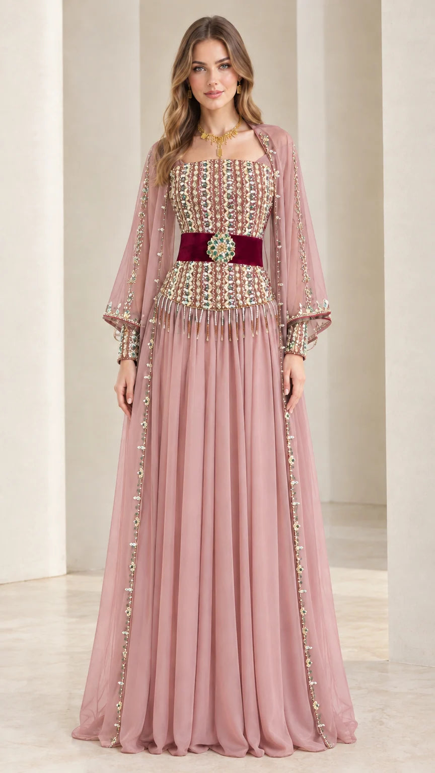 Dusty pink beaded cape sleeve formal maxi dress